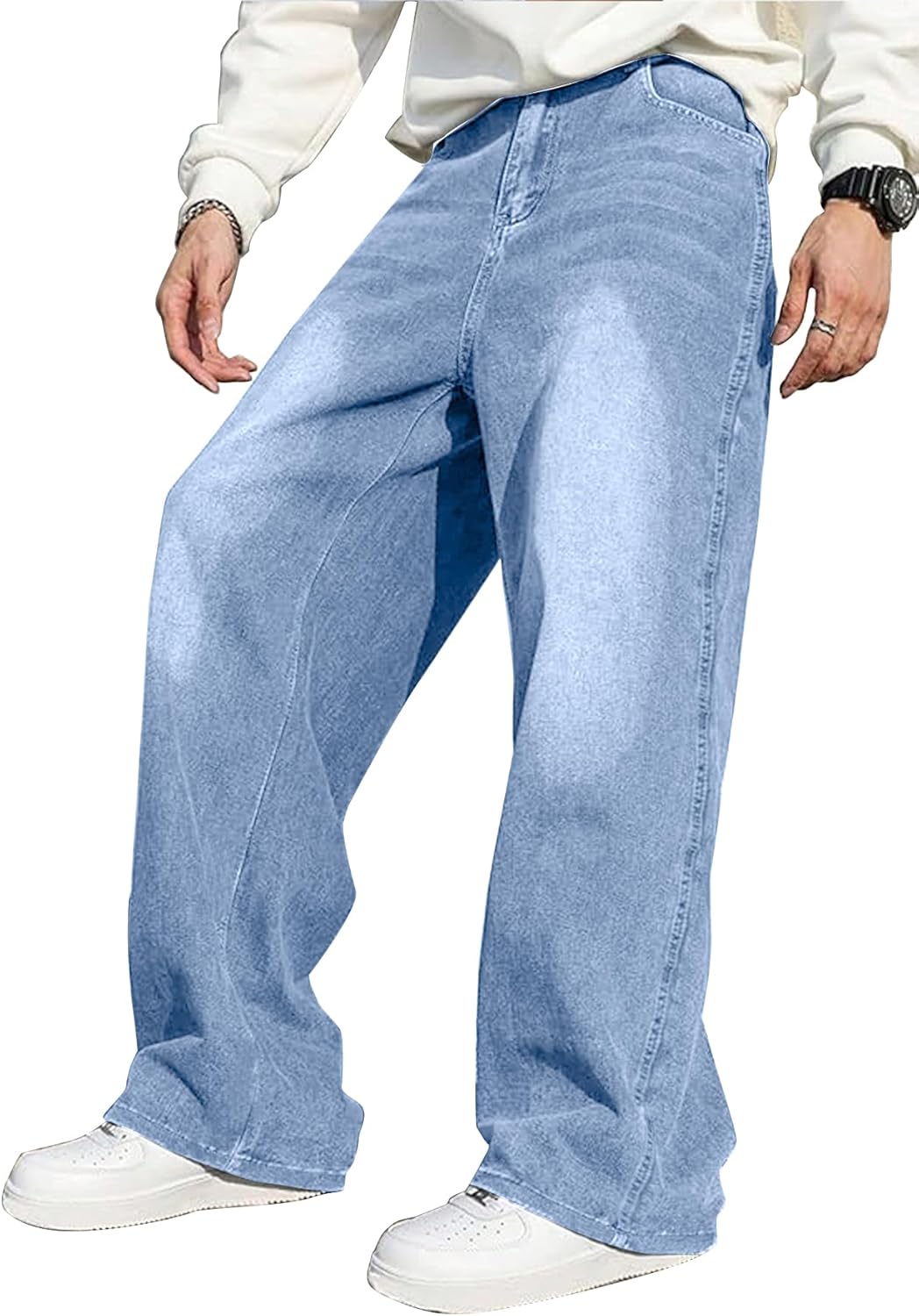 1 Piece Boys’ Loose Fashion Jeans: Light Blue Washed Straight-Leg Casual