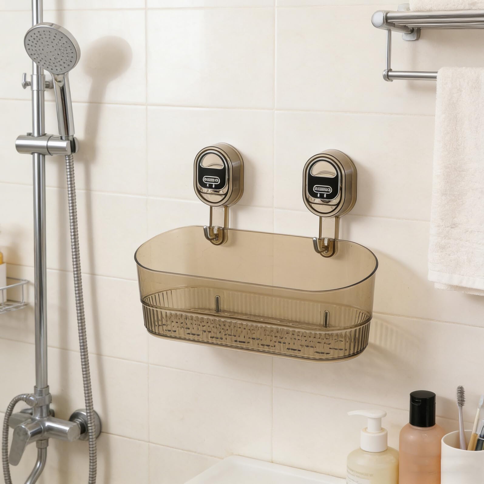 Ipetboom Mensola Portaoggetti a Ventosa senza Foratura 2 Pezzi, Supporto Doccia Regolabile Drenaggio Rapido in Acrilico Trasparente, Organizer Bagno per Shampoo, Rasoi e Accessori