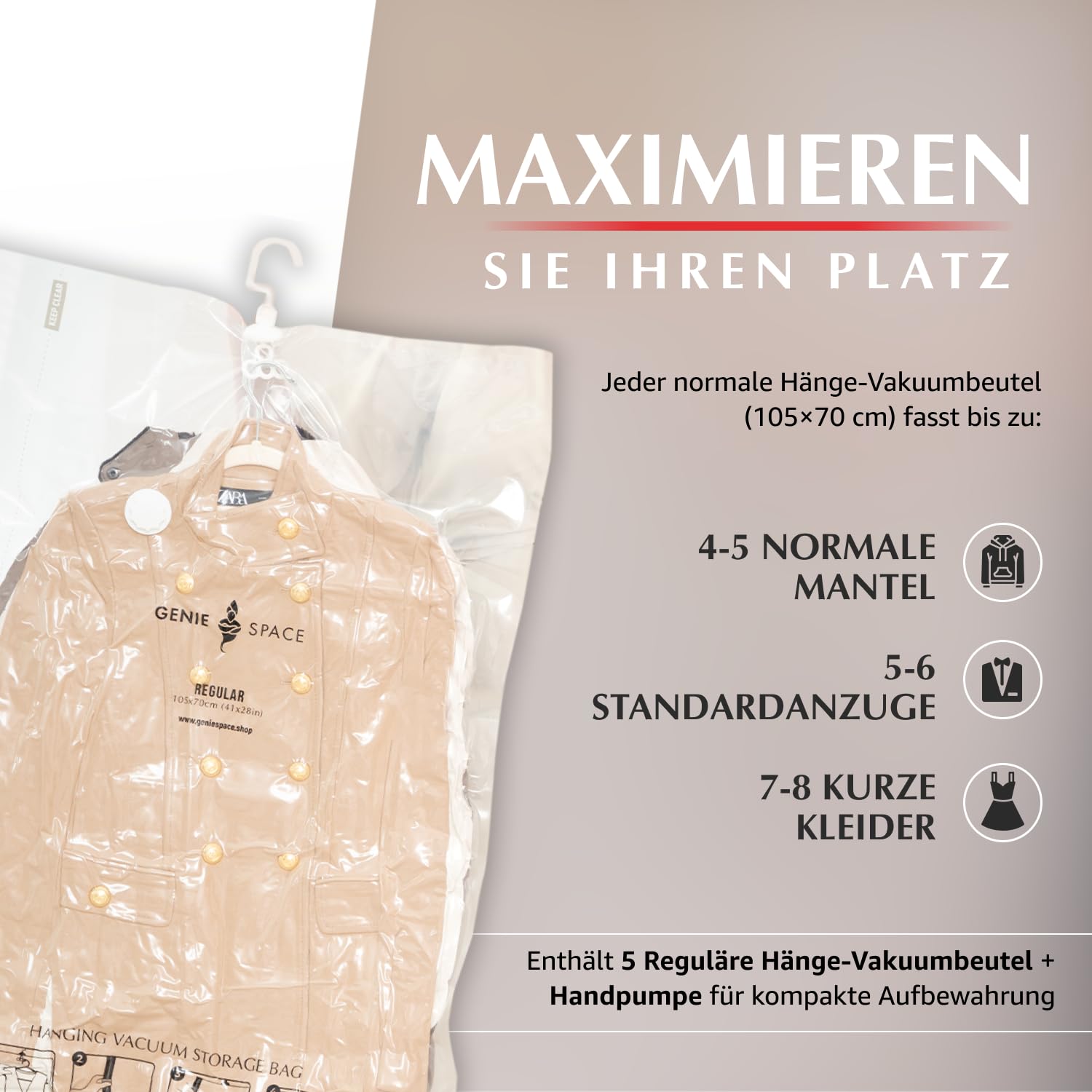 GENIE SPACE Premium Vakuumbeutel zum Aufhängen für Kleidung, Anzüge & Kleider – 5er Pack REGULAR (105×70 cm), Luftdicht, Geruchsdicht & Wiederverwendbar – Doppelt versiegelt, mit Handpumpe