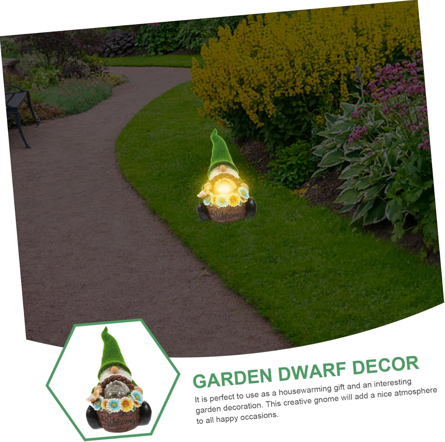 MERRYHAPY Resin Garden Gnome Statue with Solar Light Glowing Lawn Decor for Patio and Outdoor Resin Figurine for Garden Adornment and Night Illumination