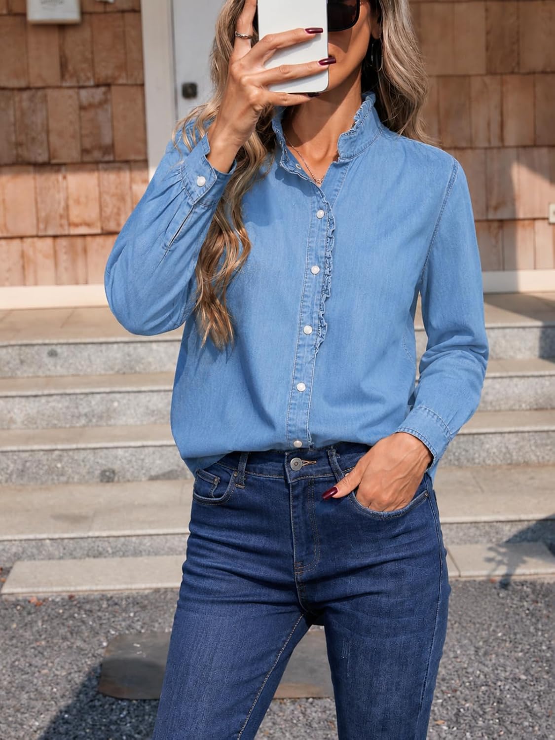 Kedera Womens Denim Shirt Button Down Long Sleeve Ruffled Edge Trendy Jean Blouses Tops Shackets