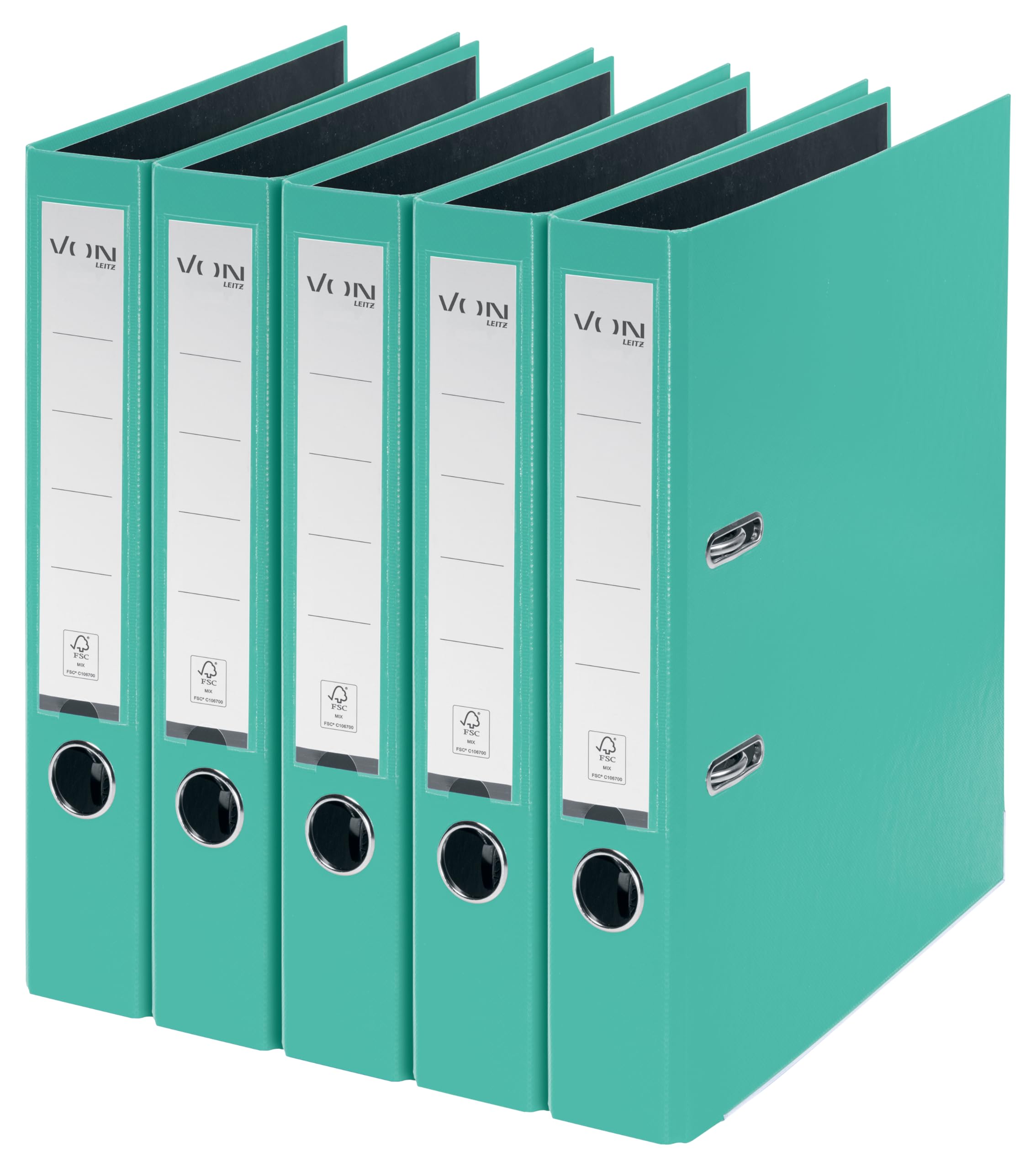 VON Leitz 10561051 Pack of 5 A4 Folders, Cardboard with Plastic Cover, 50 mm Spine Width, for 350 Sheets, FSC-Certified Cardboard, for School, Study & Home, Mint Green