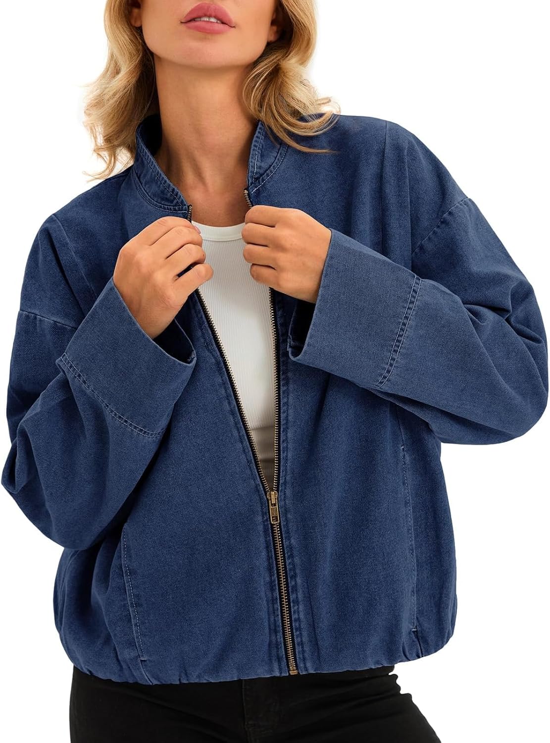 Tankaneo Womens Denim Bomber Jacket Lightweight Zip Up Short Jean Jacket Fall Casual Shacket Outerwear - Image 2