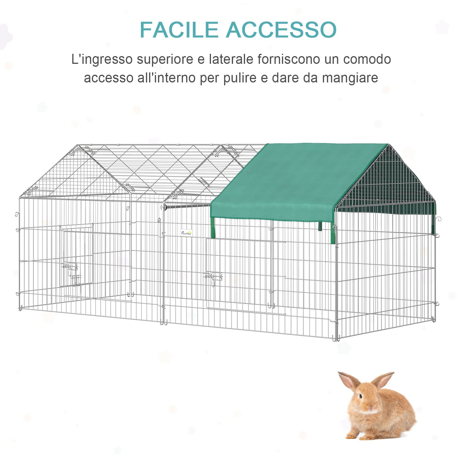 PawHut Recinto per Animali con Telo di Copertura, Recinzione in Acciaio con Porte per Galline e Conigli, 220x103x103cm