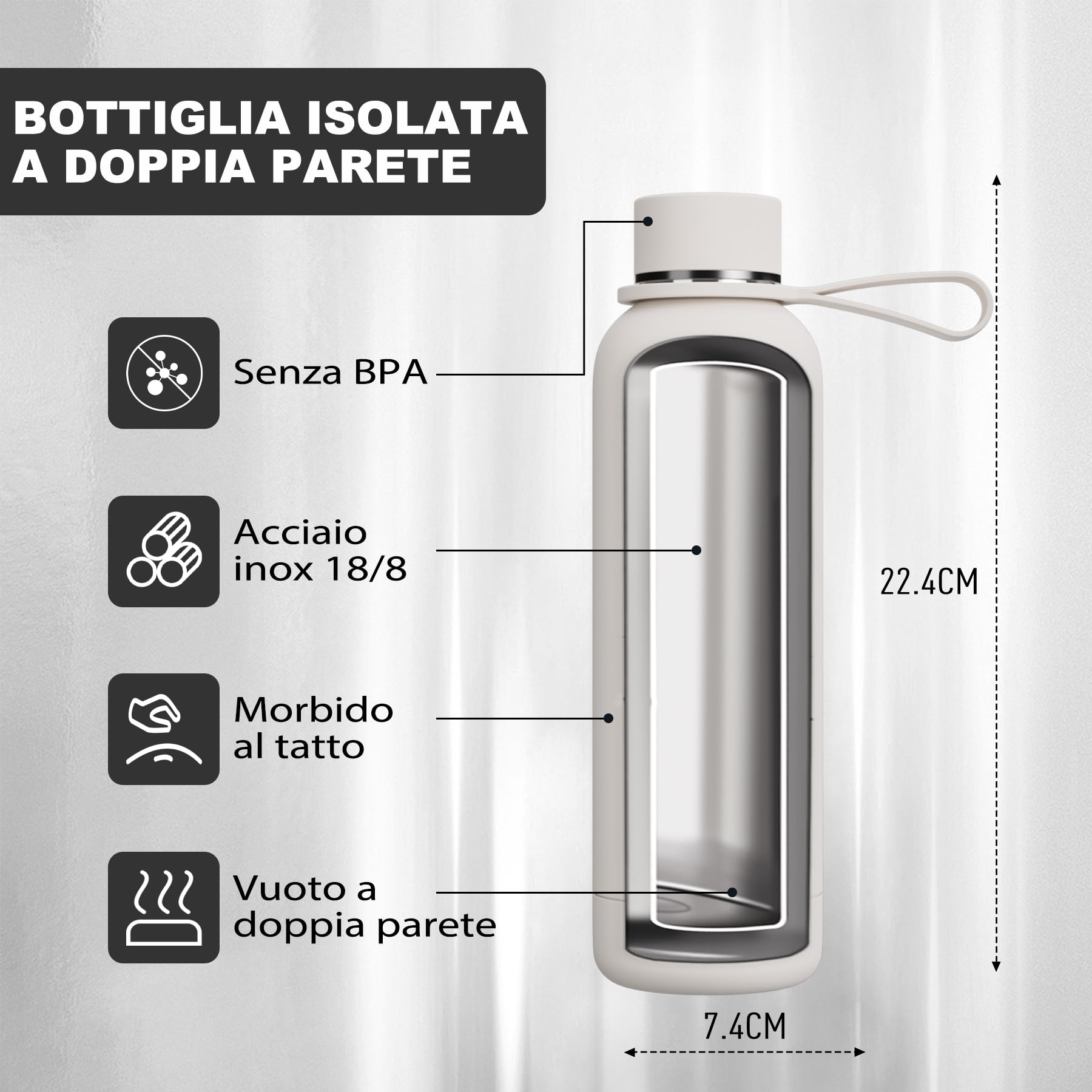 Exllena Borraccia Termica 500 ml - Bottiglia Termica Doppio Vuoto Mantenere Calore/Freddo - Senza BPA - 100% A Tenuta Stagna con Anello per Tote (Beige)