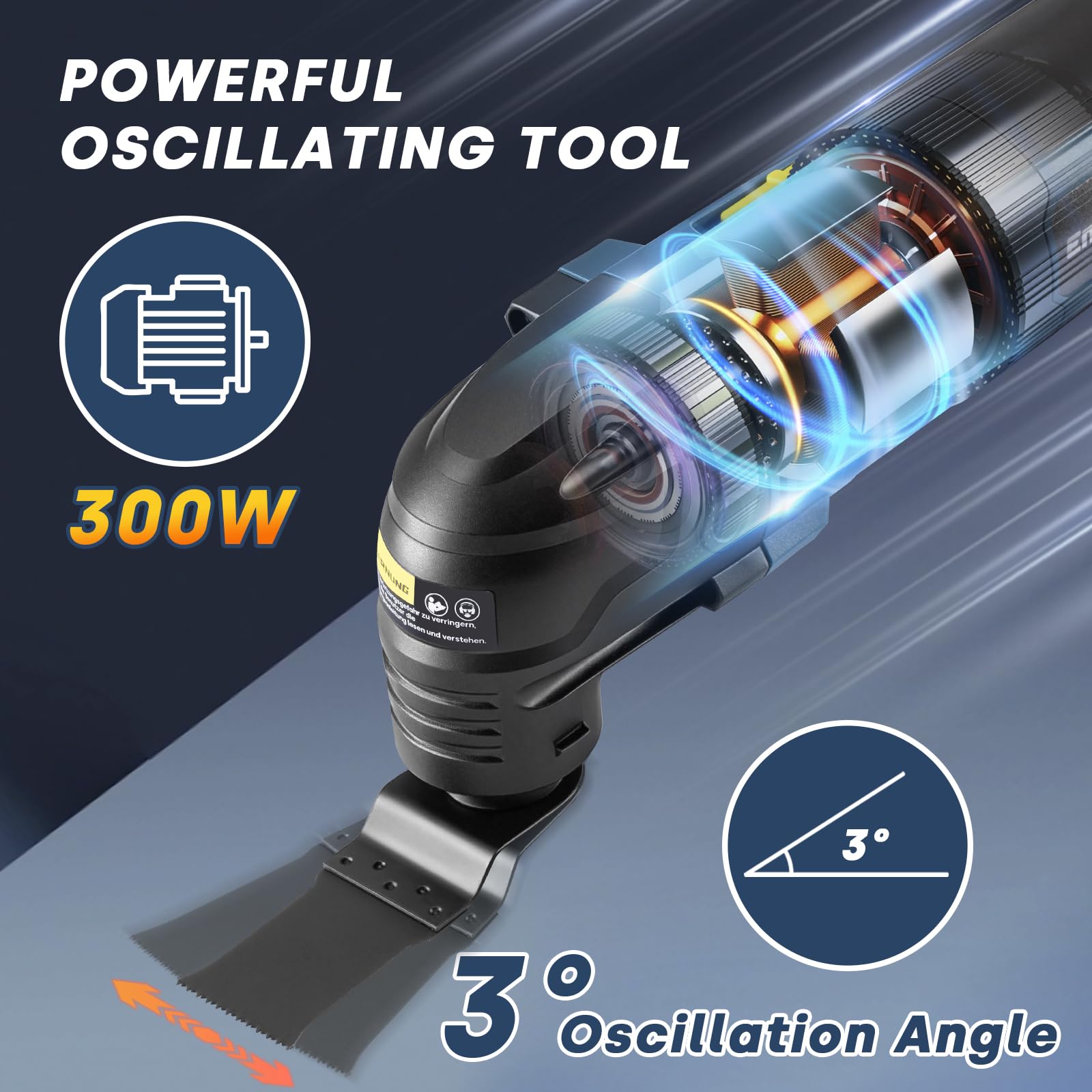 Enventor Oscylacyjne Narzędzia, 300W, 15000-22000 OPM, przewodowe narzędzie wielofunkcyjne, 6 regulowanych prędkości, kąt oscylacji 3°, rękojeść dodatkowa, do cięcia, szlifowania i skrobania