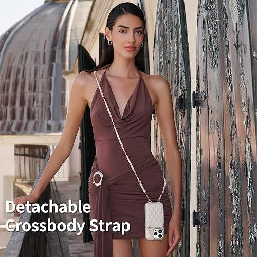 Miniatura 4 de LAMEEKU Funda tipo cartera cruzada para iPhone 15 Pro, funda con soporte para tarjetas, funda acolchada de cuero con cremallera y ranuras para