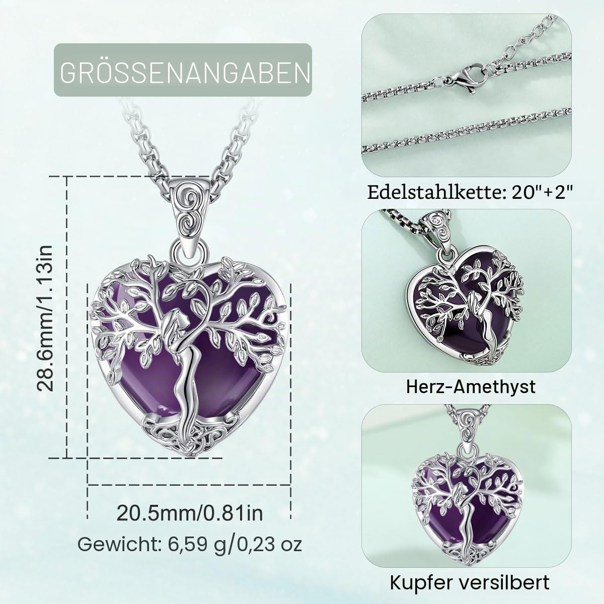 Lebensbaum Kette mit Kristall für Damen, Baum des Lebens Halskette Anhänger mit Kristall Heilsteine Amethyst Mondstein Obsidian Türkis Malachit Schmuck Geschenk für Frauen Dame