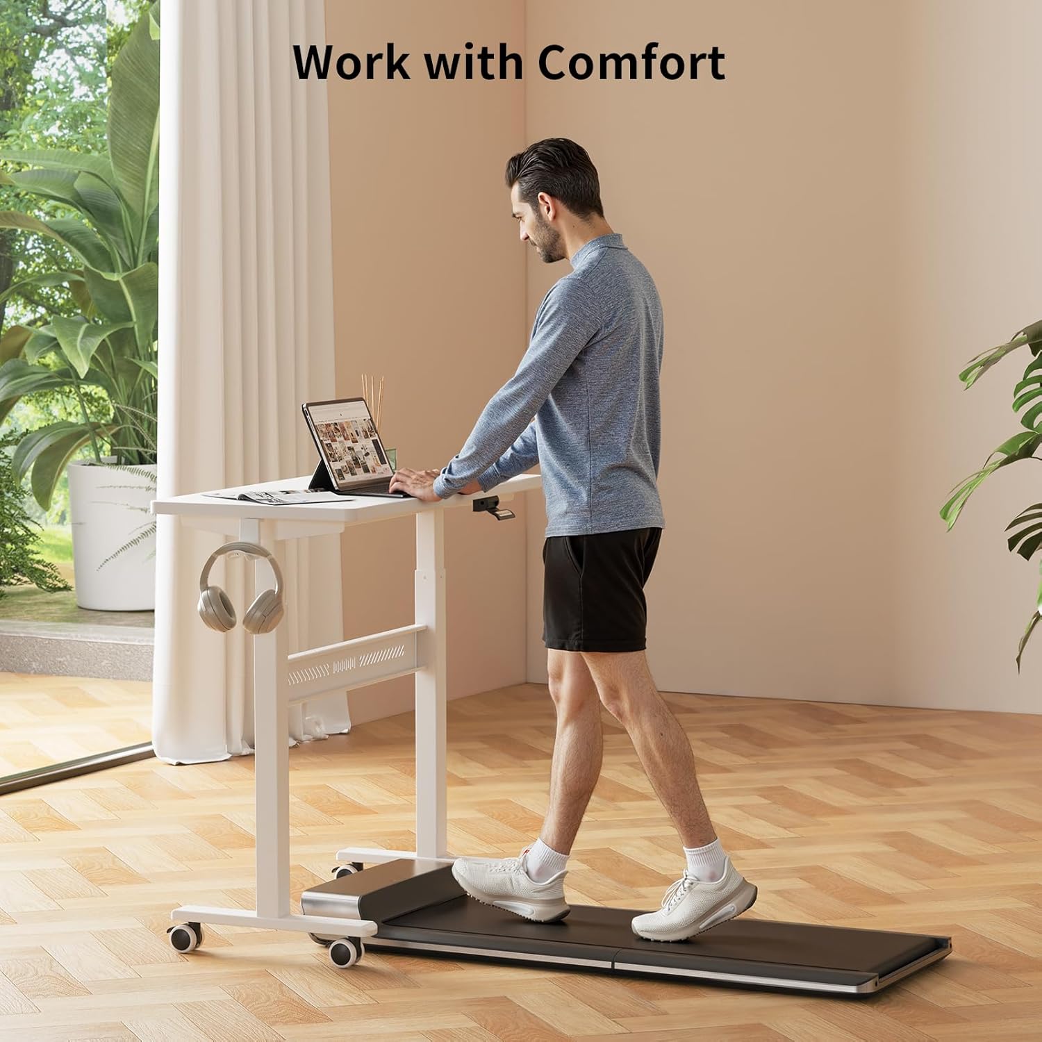 Mobile Standing Desk with Wheels, 32 inch Pneumatic Height Adjustable Desk for Walking Pad, Small Rolling Computer Workstation, Portable Sit Stand Desk for Home Office, 28-43" Tall, White