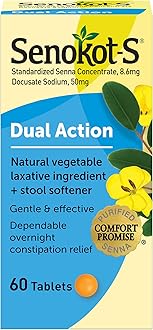 Senokot-S Dual Action Natural Vegetable Laxative Ingredient Plus Stool Softener Tablets, Docusate Sodium, Senna Concentrate, Gentle, Overnight Relief From Occasional Constipation, 60 ct