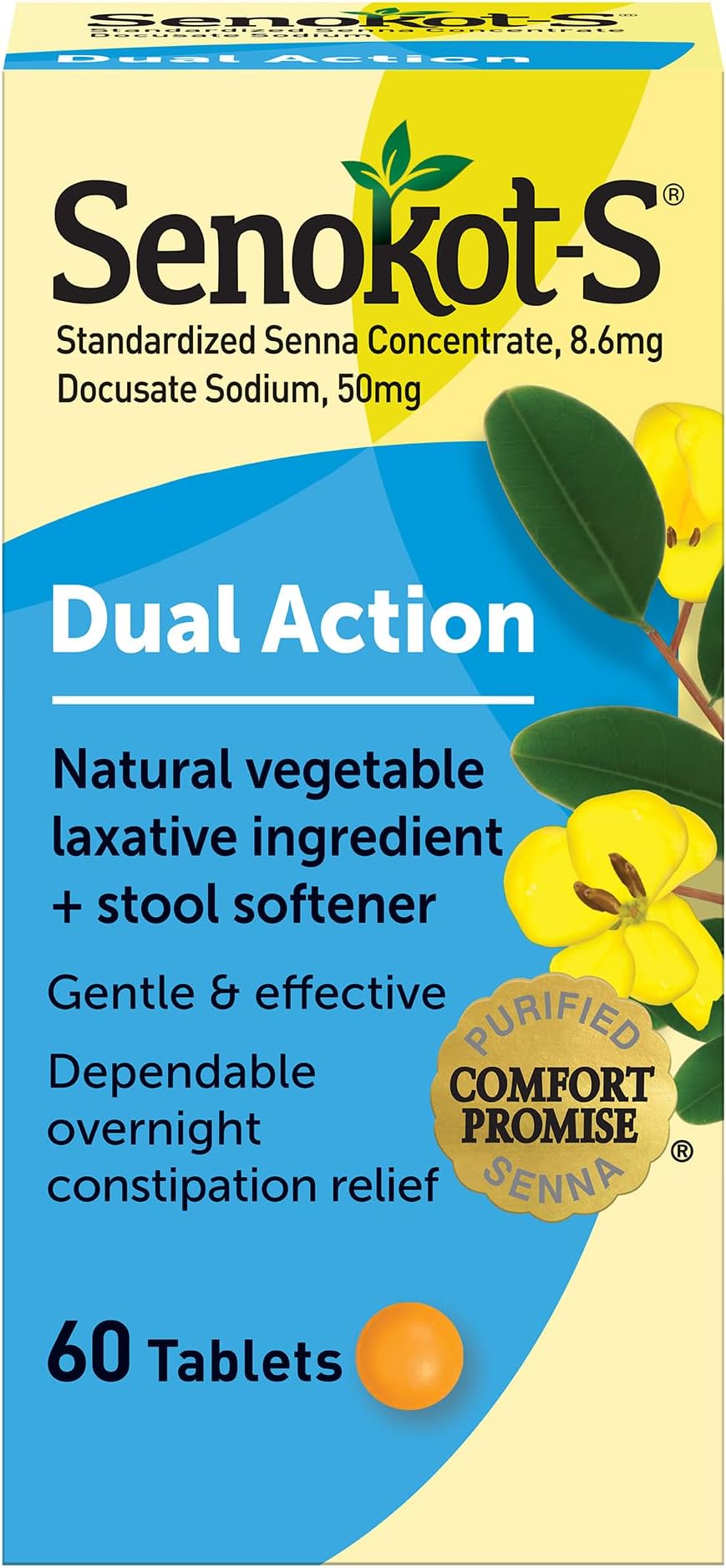 Senokot-S Dual Action 60 Tablets, Natural Vegetable Laxative Ingredient Plus Stool Softener Tablets, Gentle Dependable Overnight Relief of Occasional constipation White