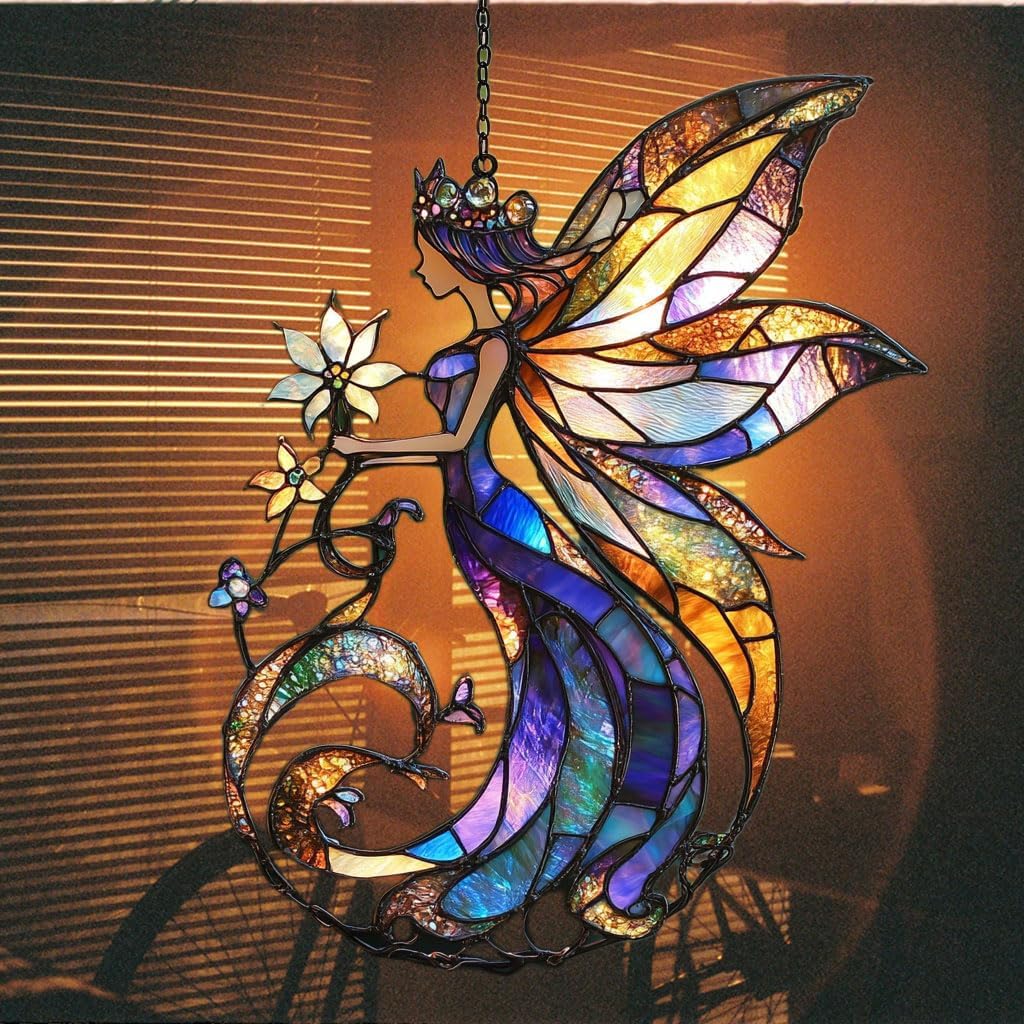 Flowers Fairy Acrylic Suncatcher Stained Glass Effect Window Car Hanging Christmas Ornament Indoor Outdoor Decor Garden Sun Catcher Panel for Fairy Lover for Women Mom Grandma