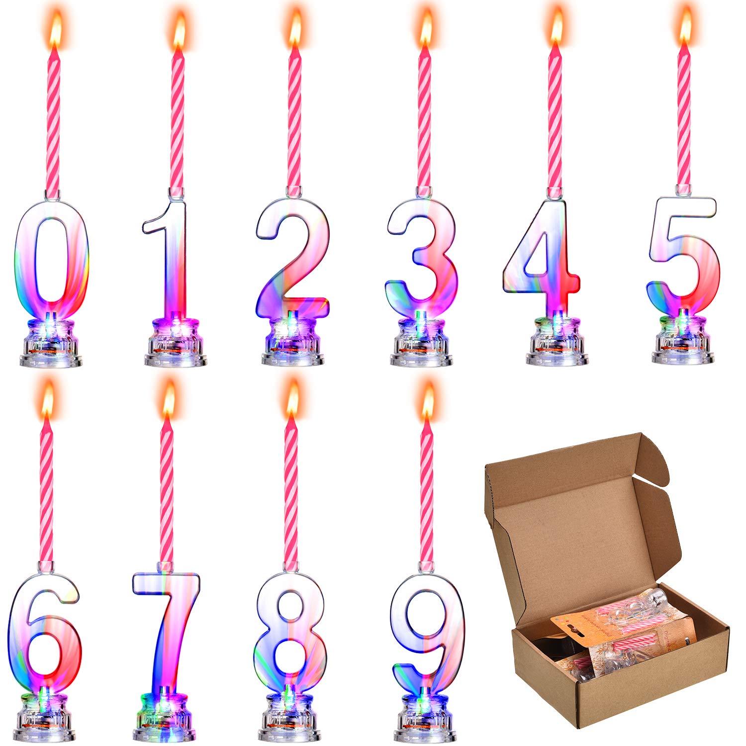Boao 10 Pieces Multicolor LED Birthday Number Candle Set Flashing Birthday Candles and 40 Pieces Wax Candles for Birthday Decoration (Gold Pink Number Style)