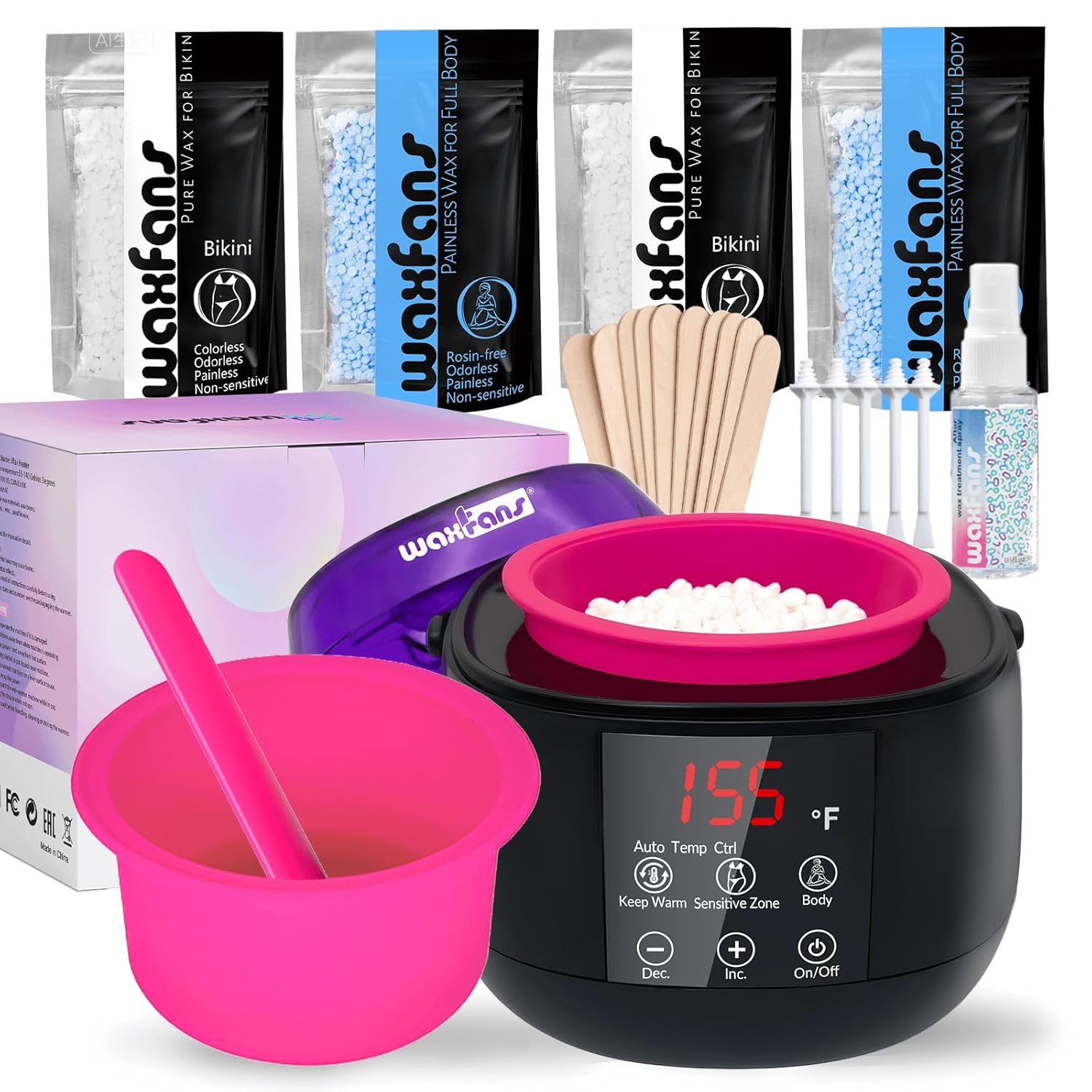 Smart Waxing Kit for Women - Wax Kits for Hair Removal | Auto Keep-Warm Function, 2 Auto Modes (Sensitive/Body), Smart Digital Wax Warmer for Beginner, with 4 Packs wax beads & Tools(Purple)
