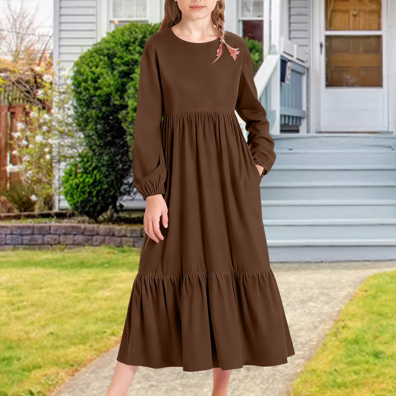 Vestido de manga larga para niñas, casual, para vacaciones, con bolsillos, cuello redondo, suave, cómodo, para playa, bohemio