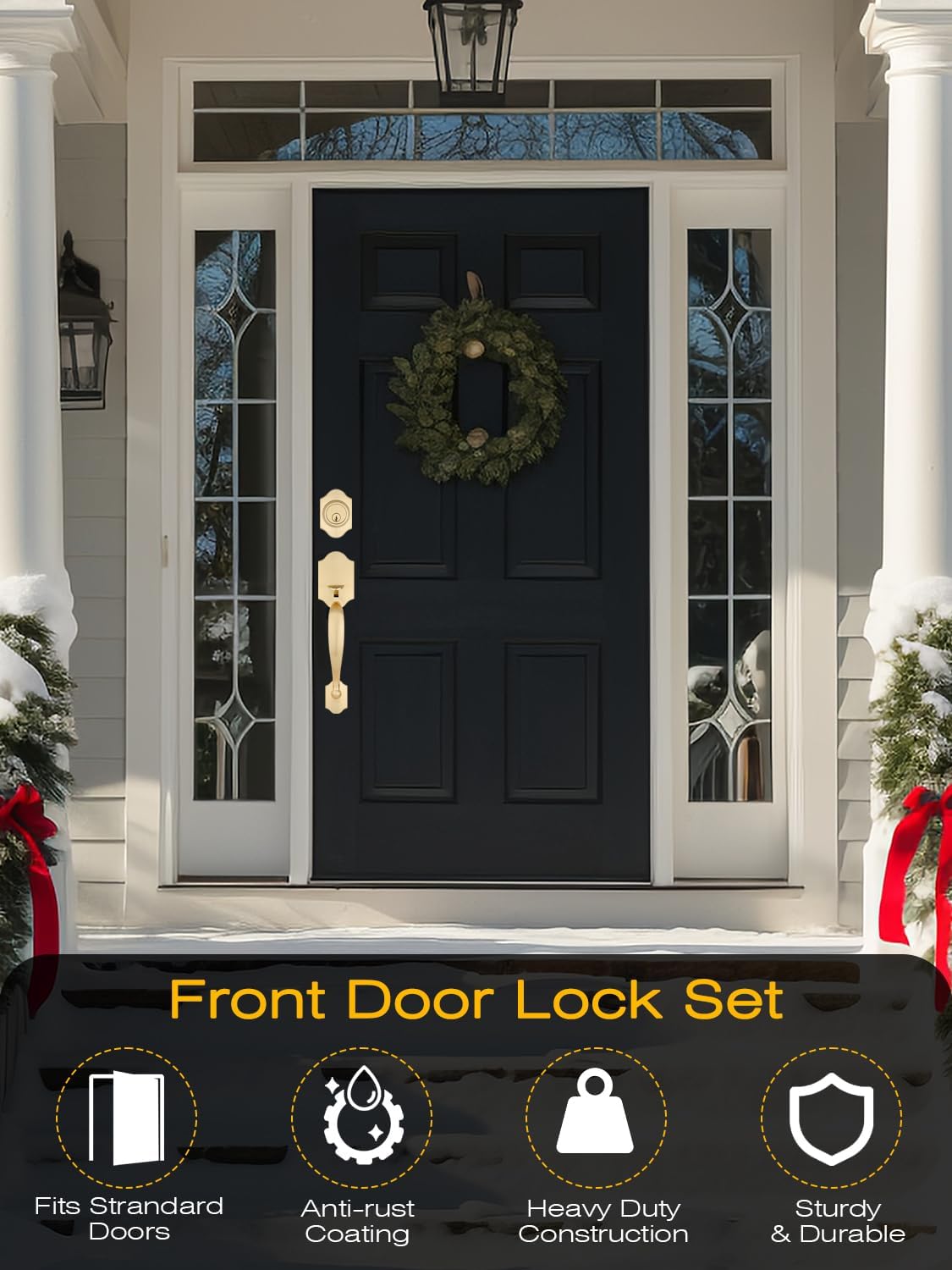 EHOMEWARE 1 Pack Front Door Lock Set, Exterior Door Handle Gold, Entry Door Locksets with Deadbolt, Front Door Handle, Glass Door Knobs, Reversible for Left & Right Doors, Satin Brass Finish