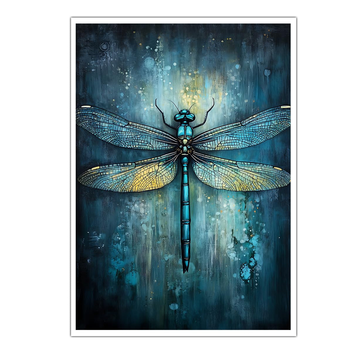 CHERHERART Animals Wall Art Abstract Blue Dragonfly Canvas Prints Pictures Modern Canvas Poster Artwork for Bedroom Living Room Kitchen Home 75x115cm Frameless