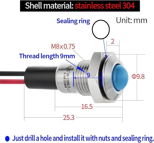 Miniatura 19 de 2 mini luces indicadoras de 0.315 in 0.31 pulgadas, 12 V-24 V, LED rojo, impermeable, IP67, cúpula, cabeza alta, lámpara de señal de acero