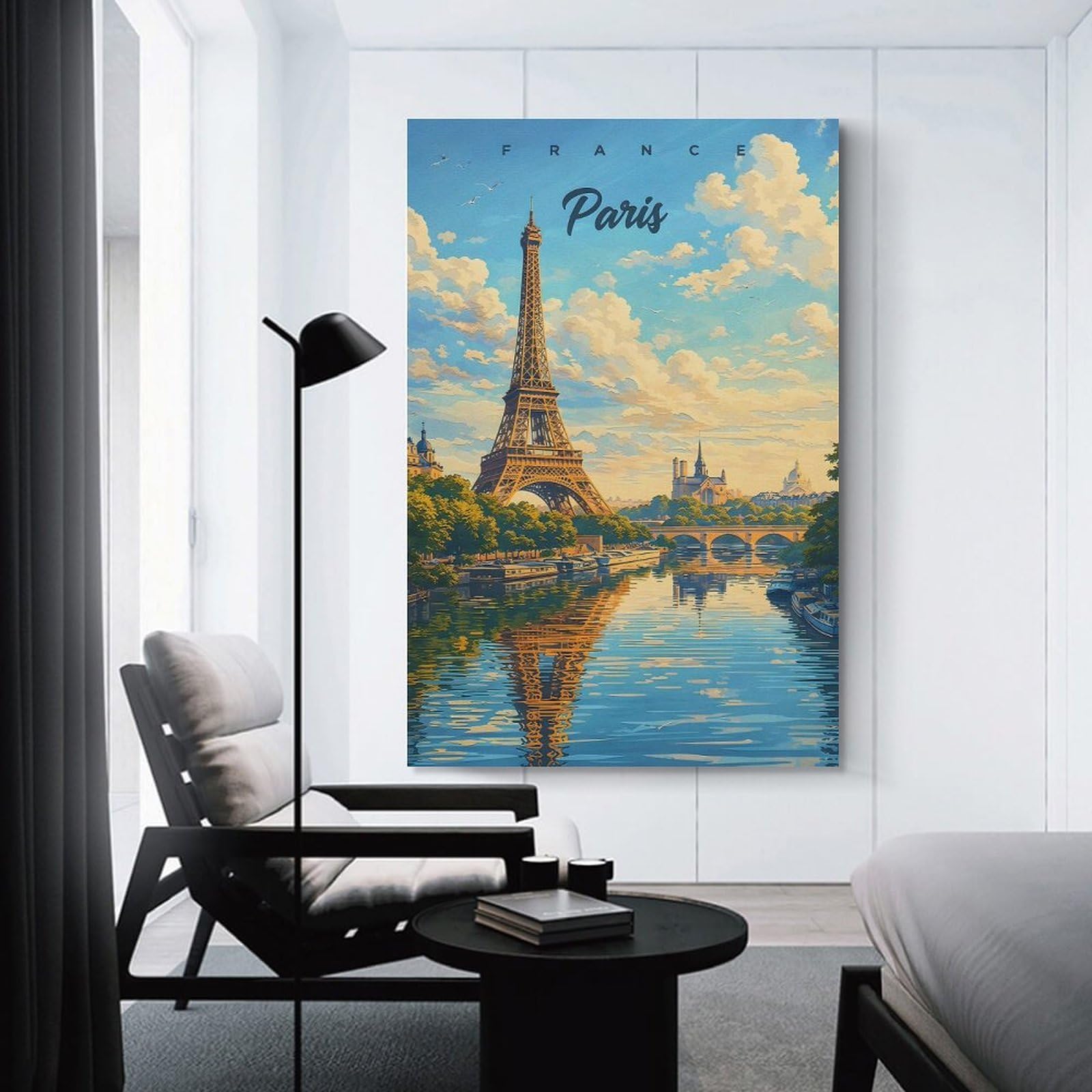 Eiffel Tower Paris River Scene Canvas Wall Decor 24x36inch(60x90cm), for Lounge, Study, Hallway Or Flat Walls, Canvas Wall Art That Fits Changing Layouts