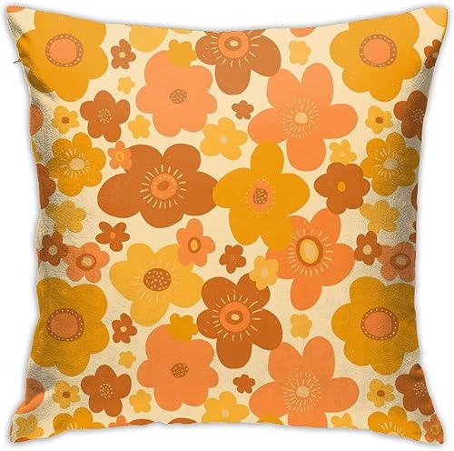 Drissa Fundas de almohada abstractas retro vintage de los años 70 con patrón floral hippy naranja, funda de almohada decorativa de 18 x 18 pulgadas,