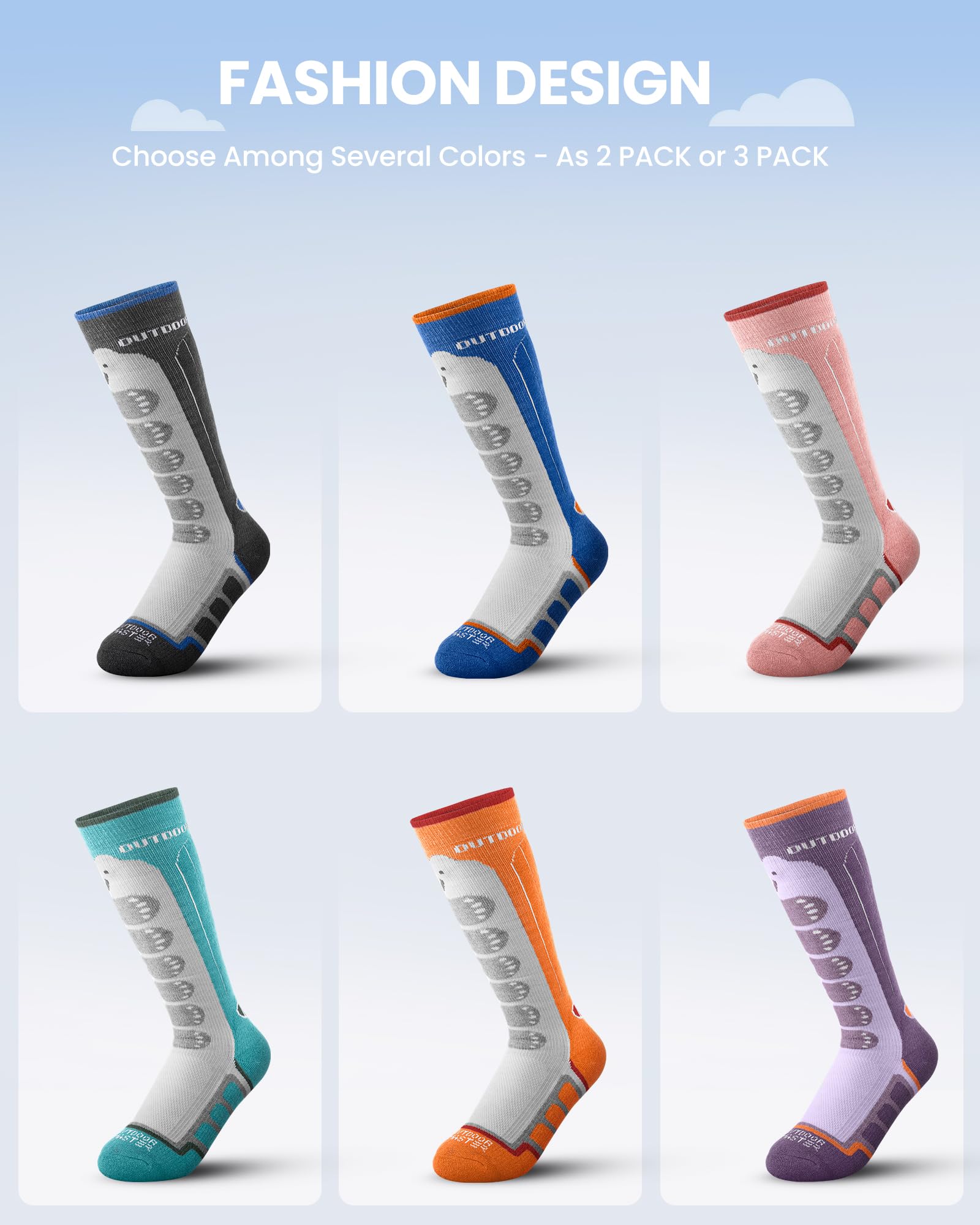 OutdoorMaster Lot de 2/3 chaussettes de ski thermiques à compression en laine mérinos pour garçons et filles, poignets antidérapants sur le mollet