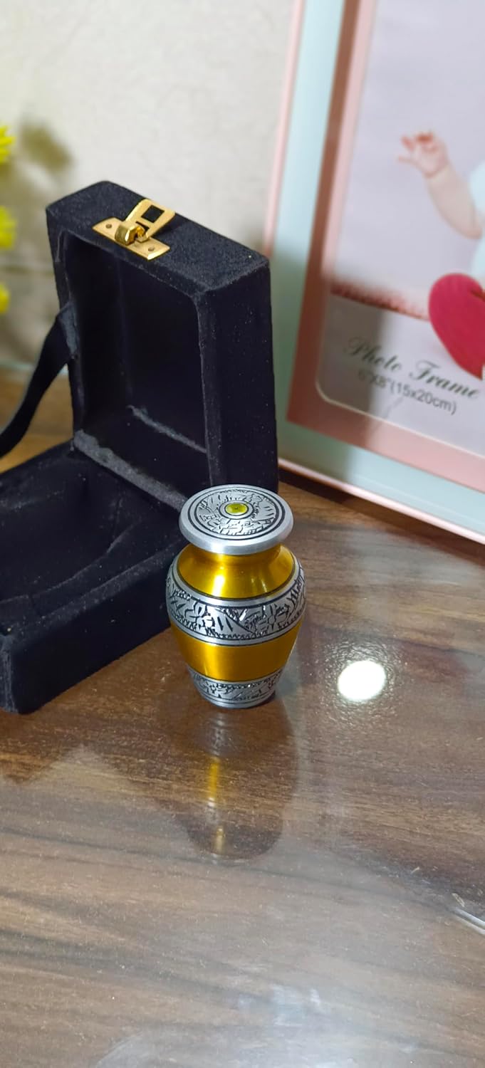 Yellow & Silver Keepsake Urn - Small Urn for Human Ashes with Box - Mini Urn for Ashes - Perfect Memorial Urn - Honor Your Loved One with Small Cremation Urn - Urn for Male, Female & Baby