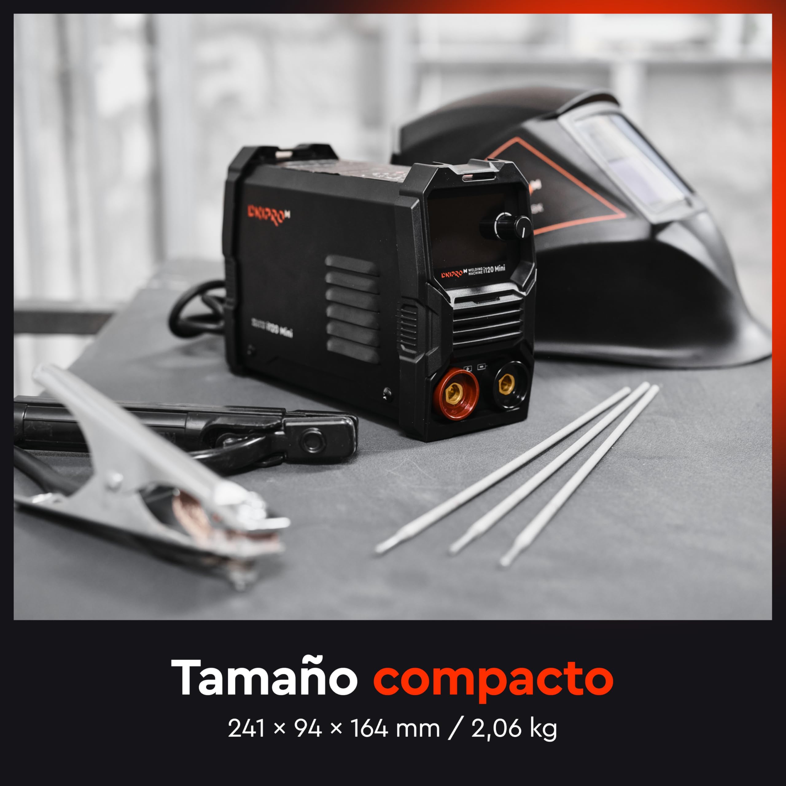 Soldador Inverter 120A MMA 2,06 kg con Tecnología IGBT, Hot Start, Arc Force, Anti Stick y VRD, Pantalla LED y Cables para Electrodos 1,6–3,2 mm – i120 Mini