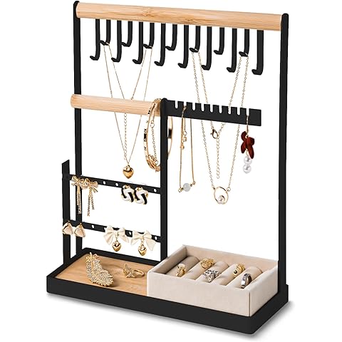 DreamGenius Jewelry Organizer Stand with Velvet Ring Holder, 4 Tier Jewelry Holder Organizer with 15 Hooks for Necklaces and 16 Holes for Earrings, Black
