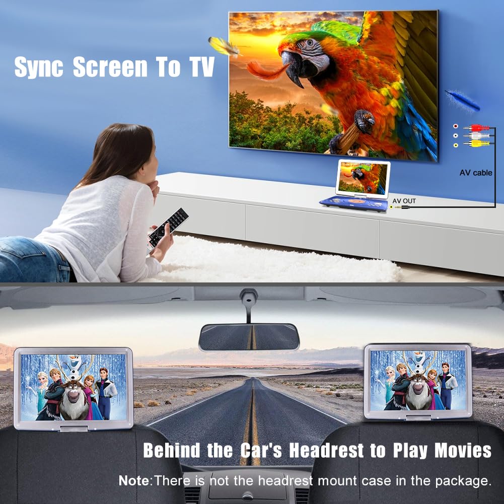 HotHat - Lettore DVD portatile da 16,9 pollici con schermo girevole da 14,1 pollici con batteria ricaricabile da 6 ore per bambini, sincronizzazione TV, supporto