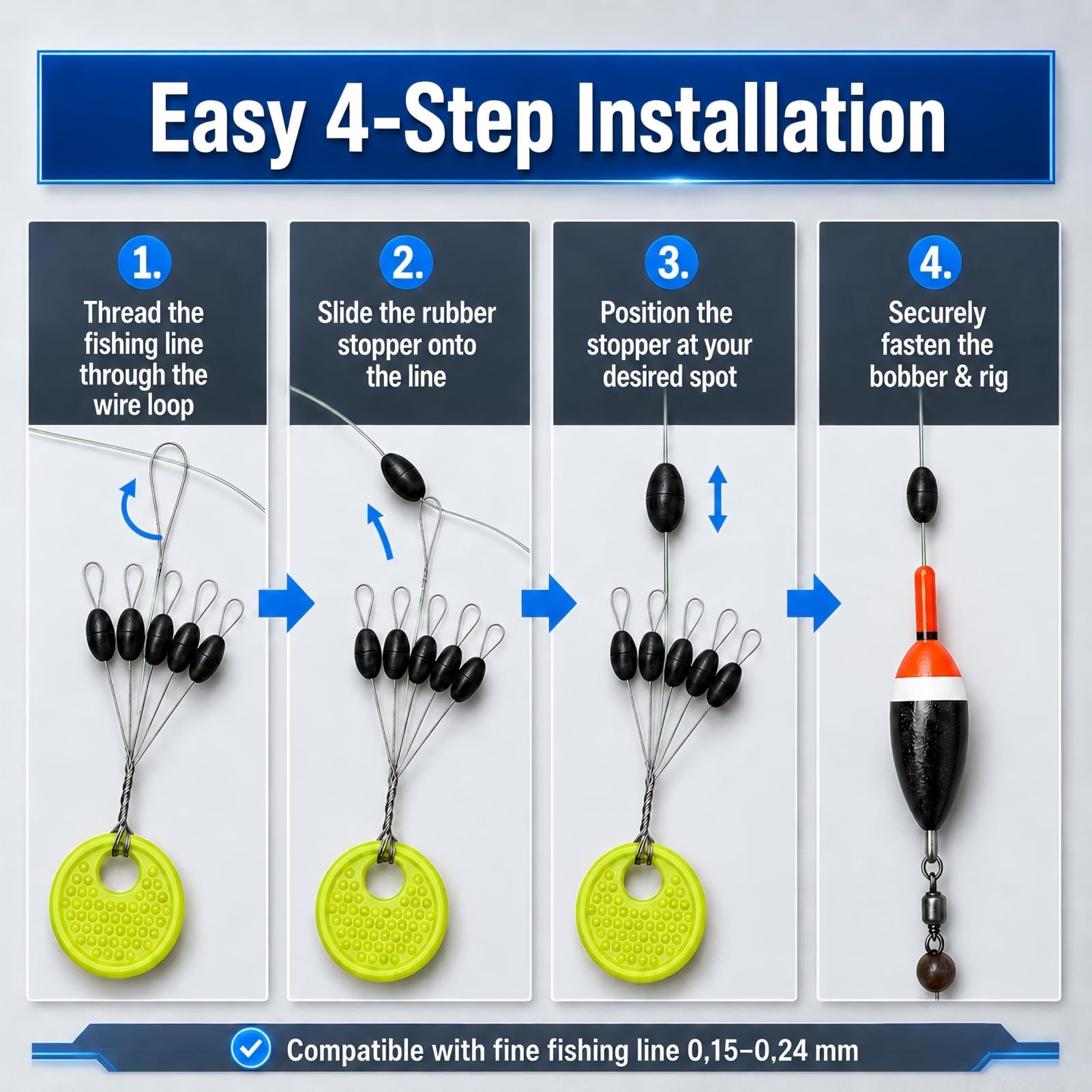 180 Pezzi Stopper in Gomma da Pesca 6 in 1, Fermafilo per Lenza Fine 0,15–0,24 mm, Stopper per Galleggiante, Bobber Stopper, Accessori per Montature da Pesca alla Trota, Acqua Dolce, Mare e Lago Fine
