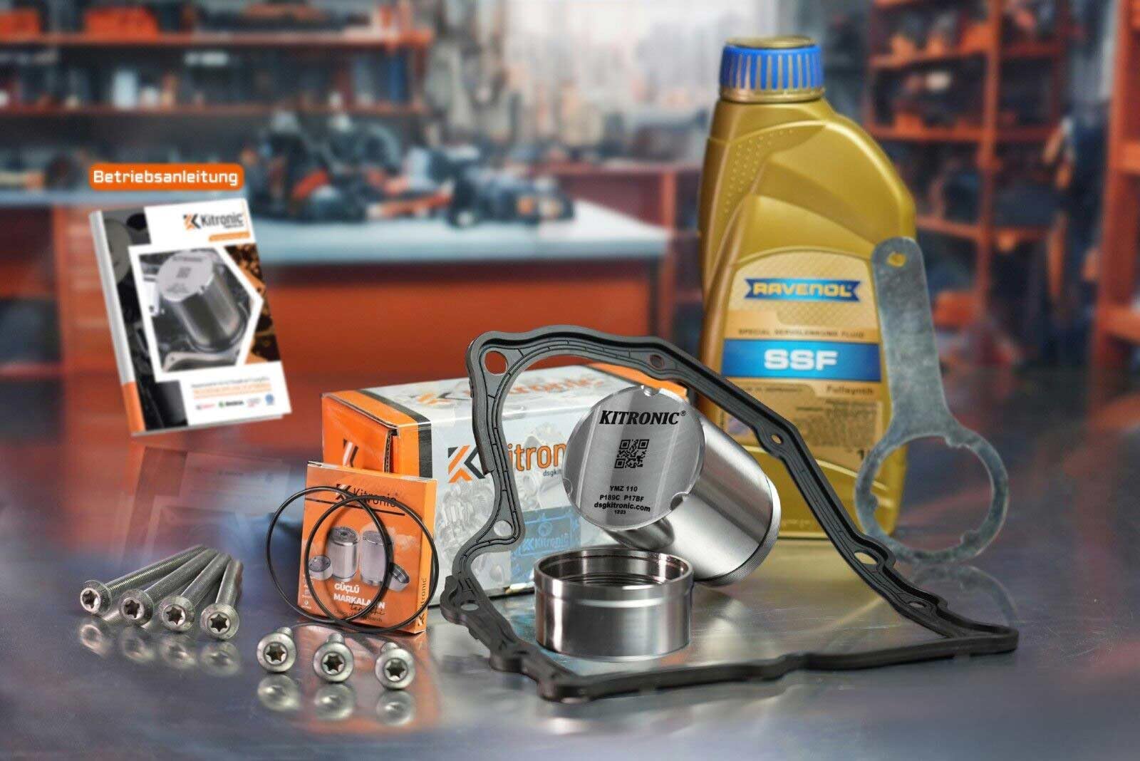 Kit di riparazione accumulatore di pressione KITRONIC DQ200 per DSG, 7 velocità a secco 0AM compatibile con VW | guarnizione e 1 litro di olio Ravenol Mechatronics, viti rotanti in alluminio incluse.
