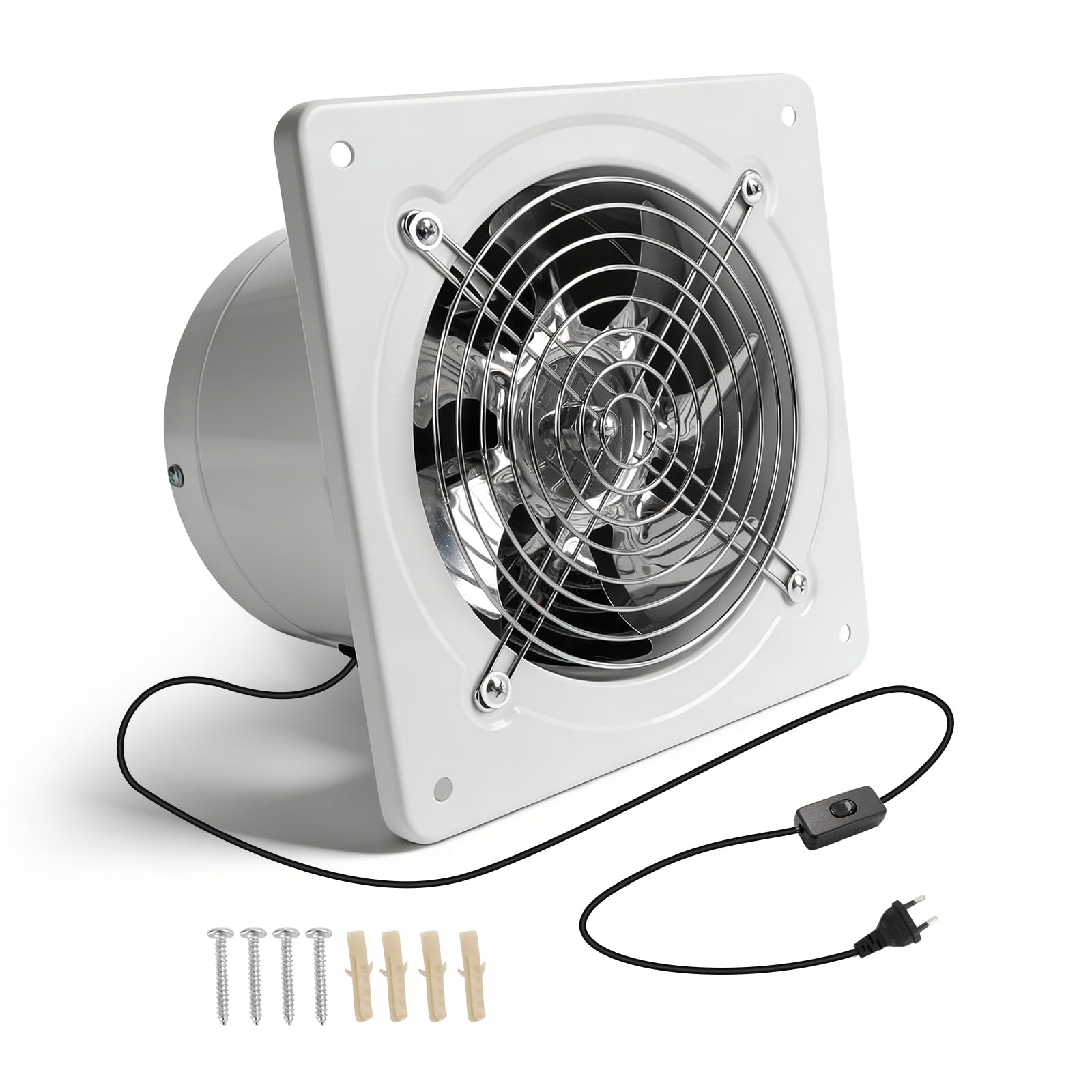 Ventilador extractor de 150 mm, 600 m³/h, silencioso, con interruptor, enchufe, válvula antirretorno, 40 W, ventilador de pared industrial, calidad de aire mejorada, para baño, cocina y garaje