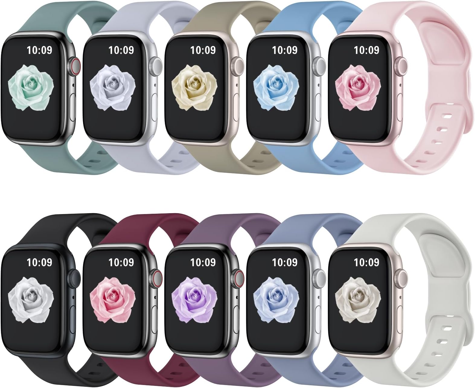 10 Pack Sport Bands Compatible with Apple Watch Band 38mm 40mm 41mm 42mm 44mm 45mm 46mm 49mm Women Men, Soft Silicone Waterproof Strap for Apple Watch SE Ultra iWatch Series 10 9 8 7 6 5 4 3
