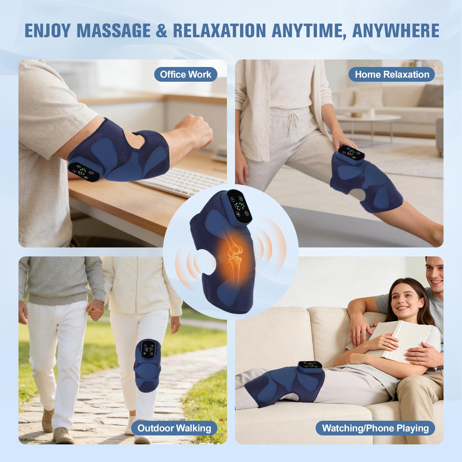 Kabelloses Knie Massagegerät mit Wärme, 4 Vibrationsmotoren & 5 Heizstufen (40-60°C), 5000mAh Akku, 3 Massagemodi, Touchscreen & Fernbedienung, Beheiztes Kniepad für Schulten & Ellbogen