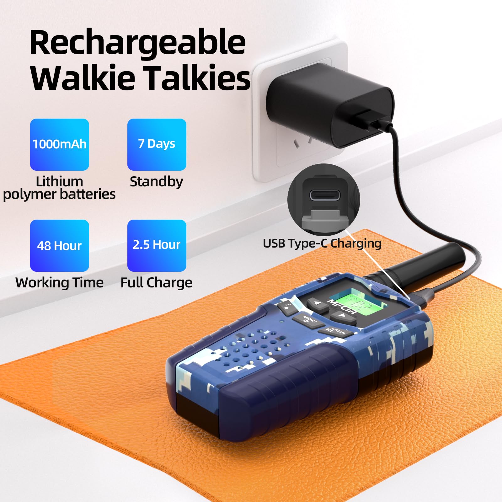 Walkie Talkies de camuflaje recargables para niños, paquete de 3 unidades de largo alcance, trabajo de 48 horas en espera 7D, linterna LED, juegos de campamento al aire libre, juguetes regalos para 2