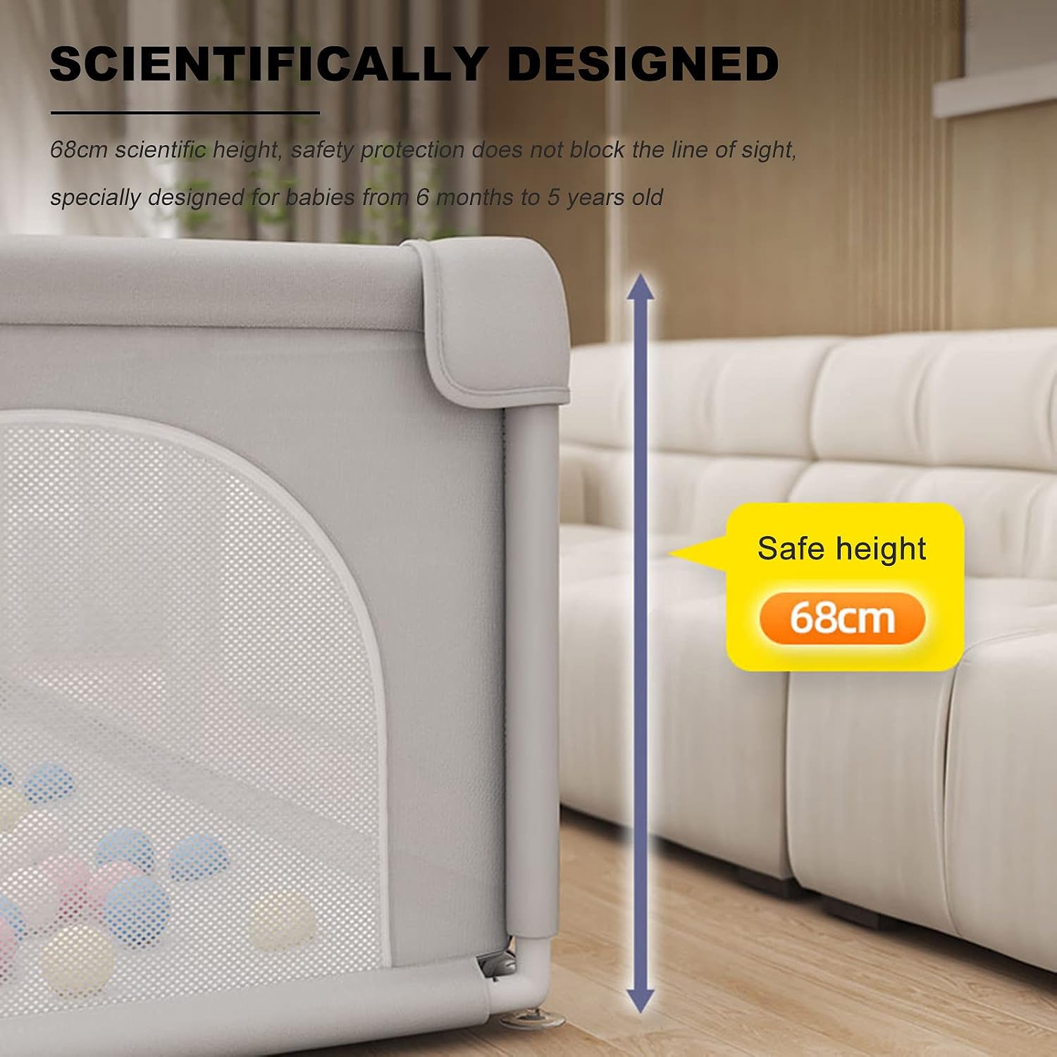 Baby Playpen,with 50 Balls,Baby Fence with Zipper Door and Breathable Mesh,Toddler Safety Playard Crawling Playpen,Indoor Outdoor Kids Activity Center Fence,Portable,68cm High,Grey-120×180cm