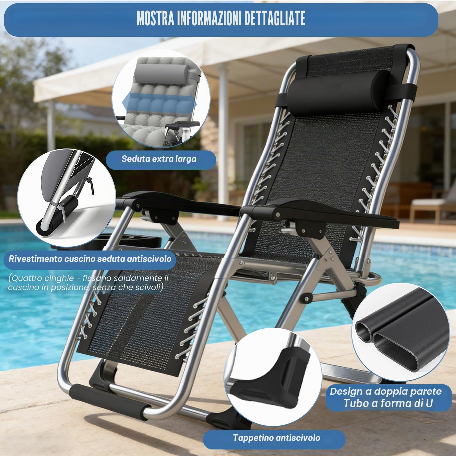 Fiutazge Lettino Prendisole Zero Gravity 72 cm,Sdraio Pieghevole con Cuscino, Schienale Regolabile, Pedaliera,Portabevande,Per Giardino,Piscina,Spiaggia,Terrazzo,Campeggio-Gray