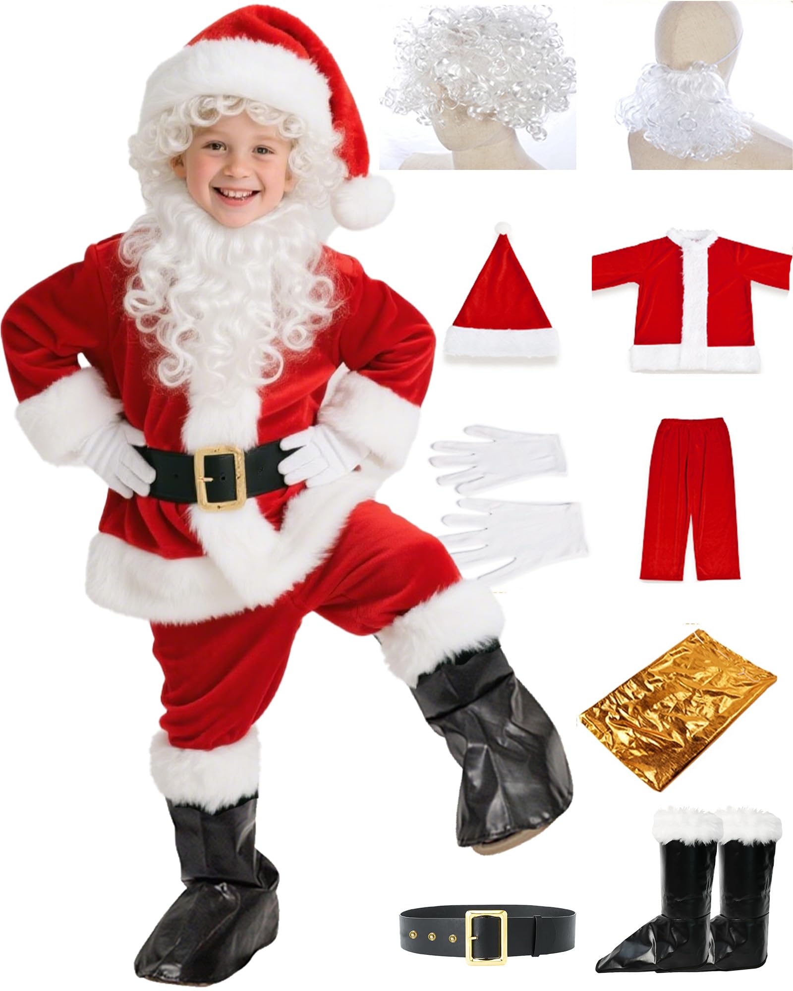 BERVYOSW Santa Costume for Kids 9 PCS Boys Santa Suit Set Youth Santa Costume for Halloween Christmas Holiday Cosplay Party