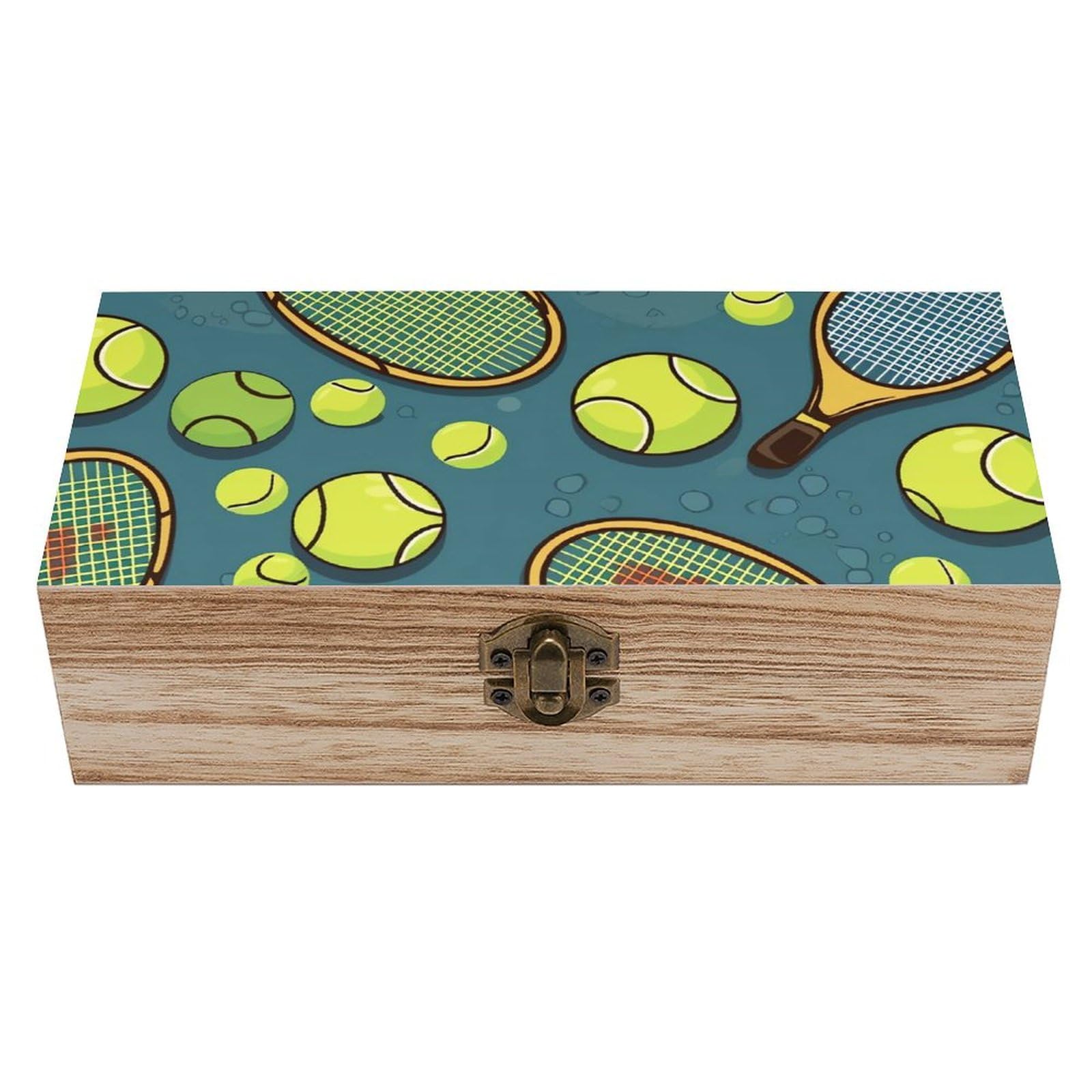 Small Wooden Storage Box with Hinged Lid Front Clasp,Tennis Racquets And Tennis Balls Printed Wood Memory Keepsake Box,Decorative Jewellery Trinket Chest Boxes for Men Women Gift,20 X 9.8 X 5.8cm