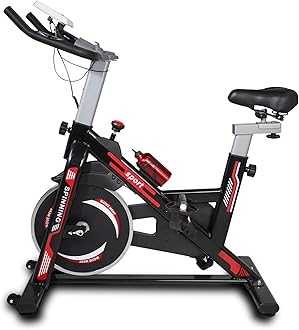 Spin Exercise Bike with Display, Indoor Bike with Silent Belt Drive，Cardio Stationary Bikes & Cycling Machine with Water Bottle & Comfortable Seat Cushion for Home, Upright
