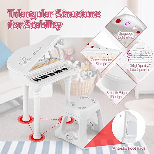 Miniatura 6 de HONEY JOY Piano clásico para niños, mini piano de cola de juguete de 31 teclas con soporte de música y taburete, juguete electrónico portátil de
