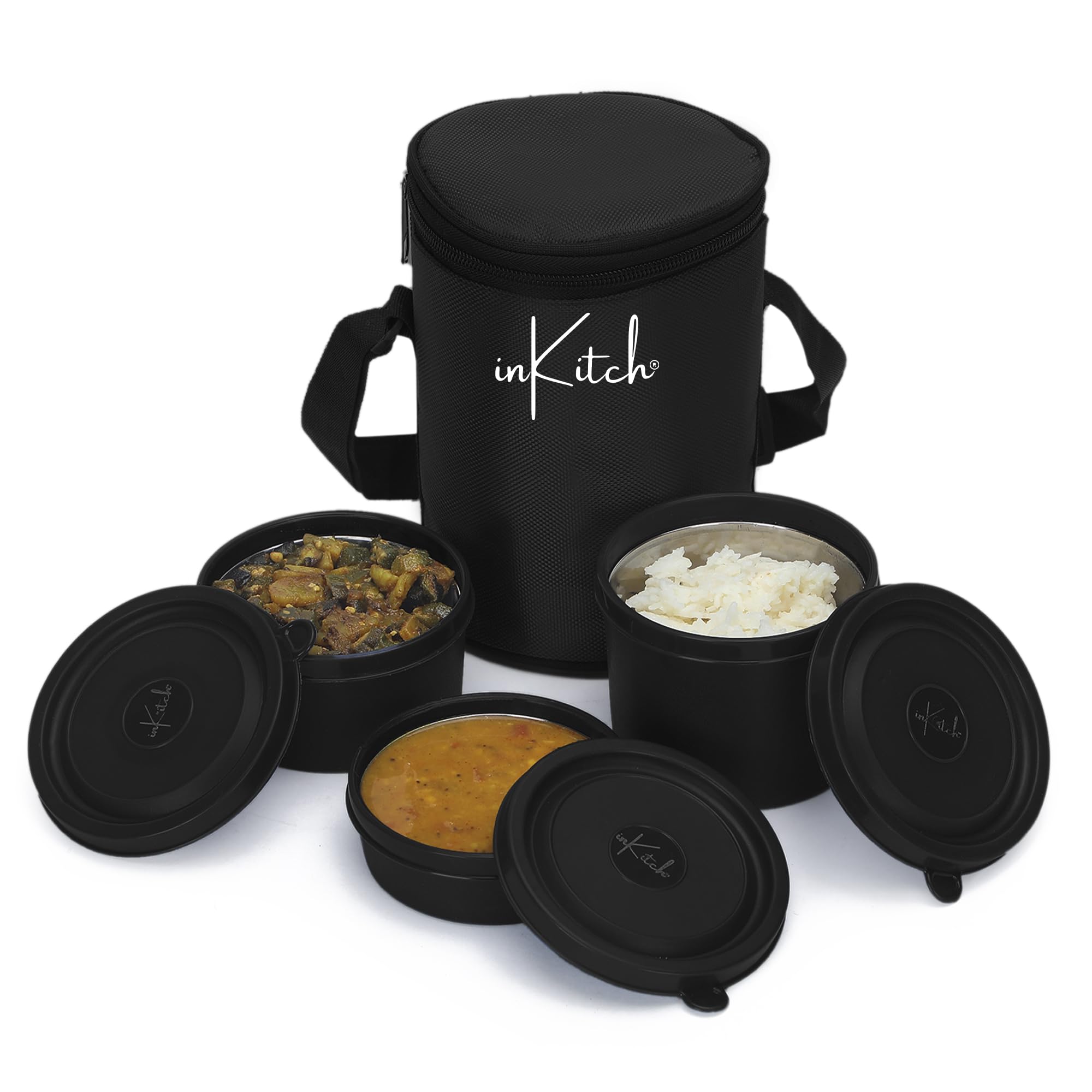 inKitch Microwave Safe Lunch Box Set with Bag, 3 Containers (250/400/500 ml), Black | Outer Plastic & Inner Stainless Steel Tiffin Box | Leakproof Lunch Boxes