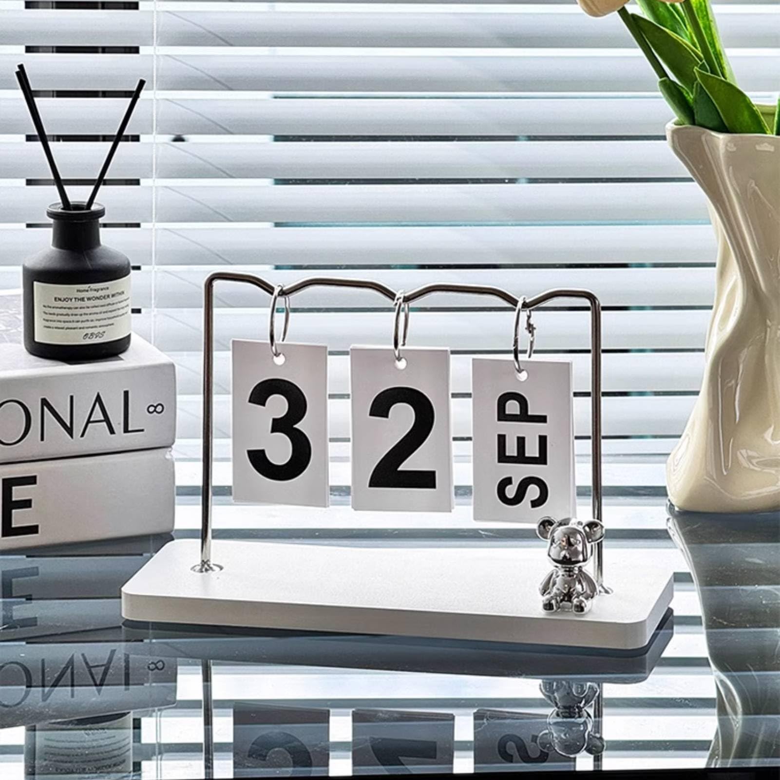 Perpetual Flip Calendar, Wooden Desk Calendar with Metal Stand, Little Bear Swing Design Reusable Calendar Board(White Swing) - Image 2