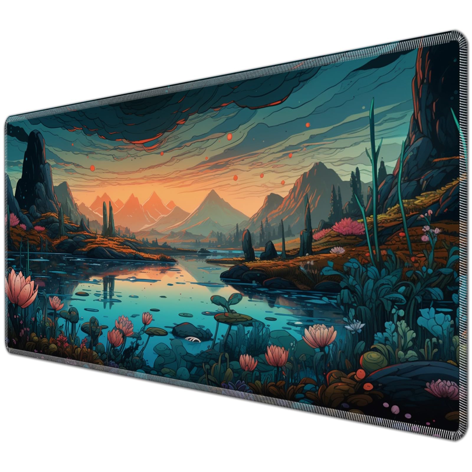 JANENFNA TCG Playmat Desk Mats 24 x 14 inches Mousepad Compatible for MTG Trading Card Game Play Mats Smooth Rubber Surface Original Magic The Gathering Play Mat, Lakeside Scene โ image 1