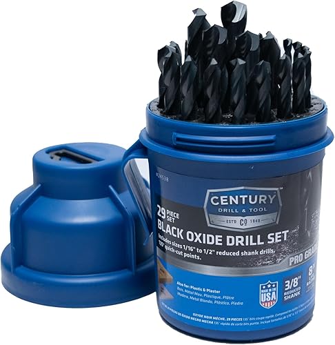 Century Drill & Tool 24538 Juego de brocas de óxido negro con vástago reducido de grado profesional, 29 piezas, fabricado en los Estados Unidos