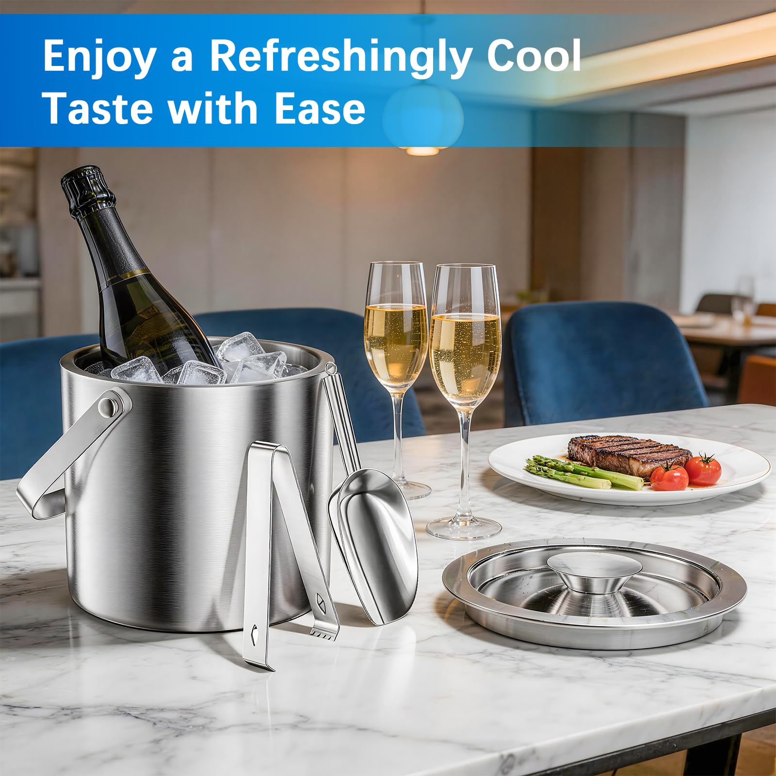 3L Seau à Glace en Acier Inoxydable, Seau A Glacon Double Paroi avec Couvercle, Pelle à Glace, Pince à Glace, pour Apéritifs Boisson Cocktails Bouteille Bar Anniversaires Fêtes Pique-niques