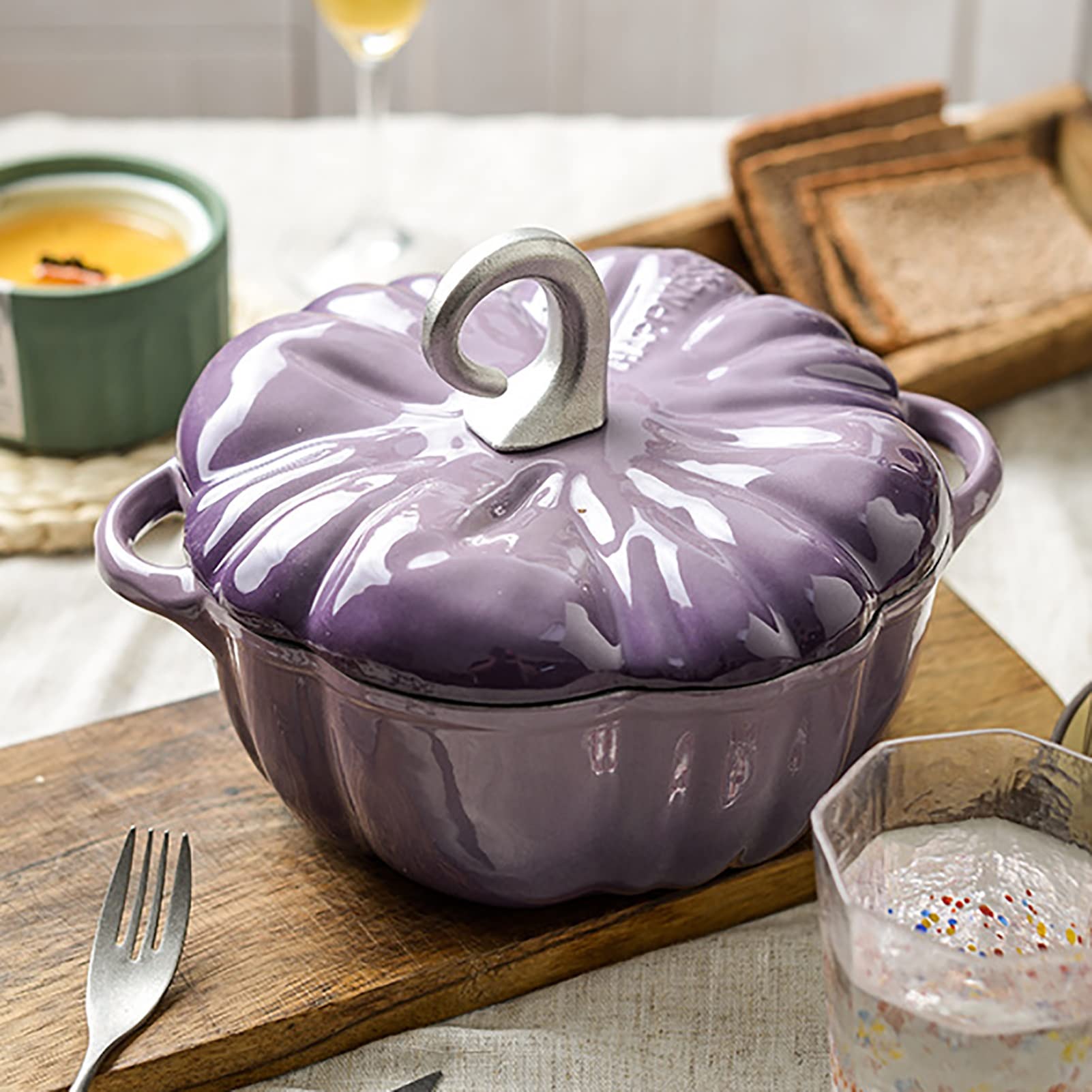 Emaliowane Dutch Oven Z Pokrywką Dynia Garnek Nie Klei Się Szkliwo Pokryty Garnek żeliwny Do Gotowanie, Pieczenie, Duszenie, Prażenie(Purple)