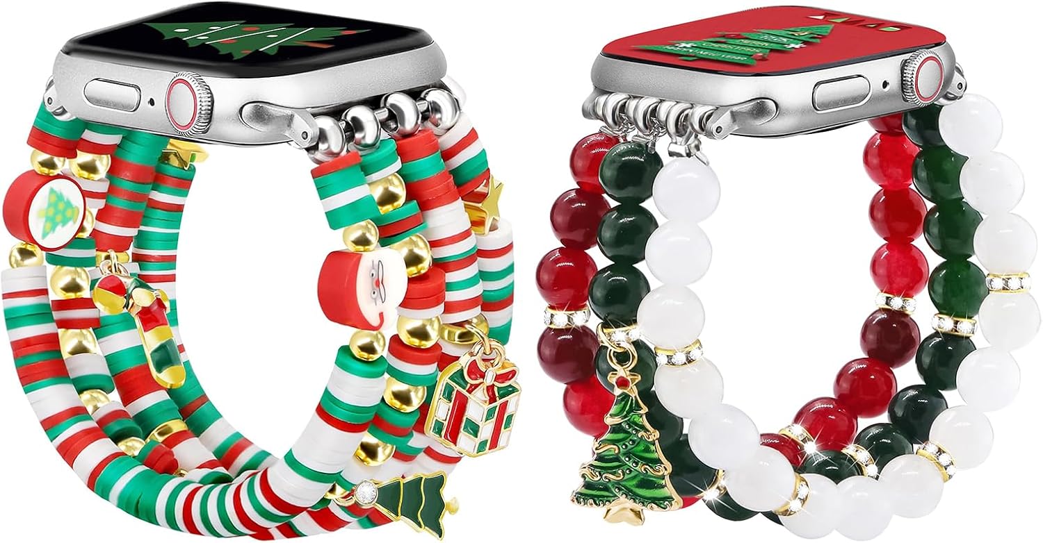 Newlibery Christmas Cute Preppy Bracelet Natural Stone Bracelet Band Bundle Compatible with Apple Watch 38mm 40mm 41mm 42mm 44mm 45mm 46mm 49mm for Women for iWatch Series 10/9/8/7/6/5/4/3/2/1/SE