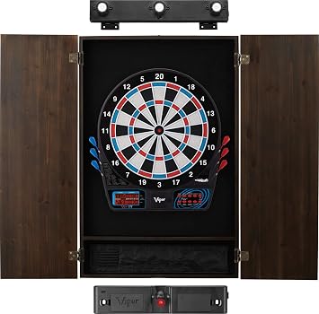 Viper 777 Electronic Dartboard, Metropolitan Espresso Cabinet, Laser Throw Line & Shadow Buster Dartboard Light Bundle