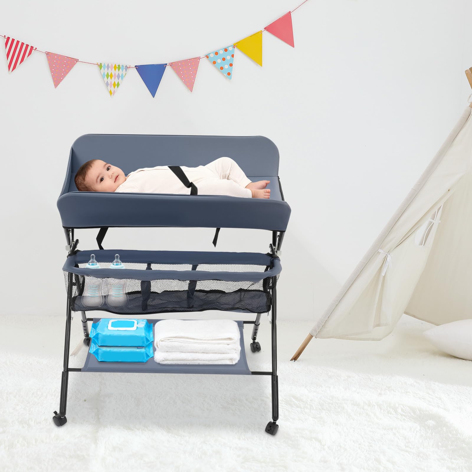 Oxford - Plateau de table à langer pliable et portable 3 en 1 - Hauteur réglable jusqu'à 25 kg - Avec compartiment de rangement inférieur - 80 x 63 x 96 cm - Avec panier de rangement - Ceinture de